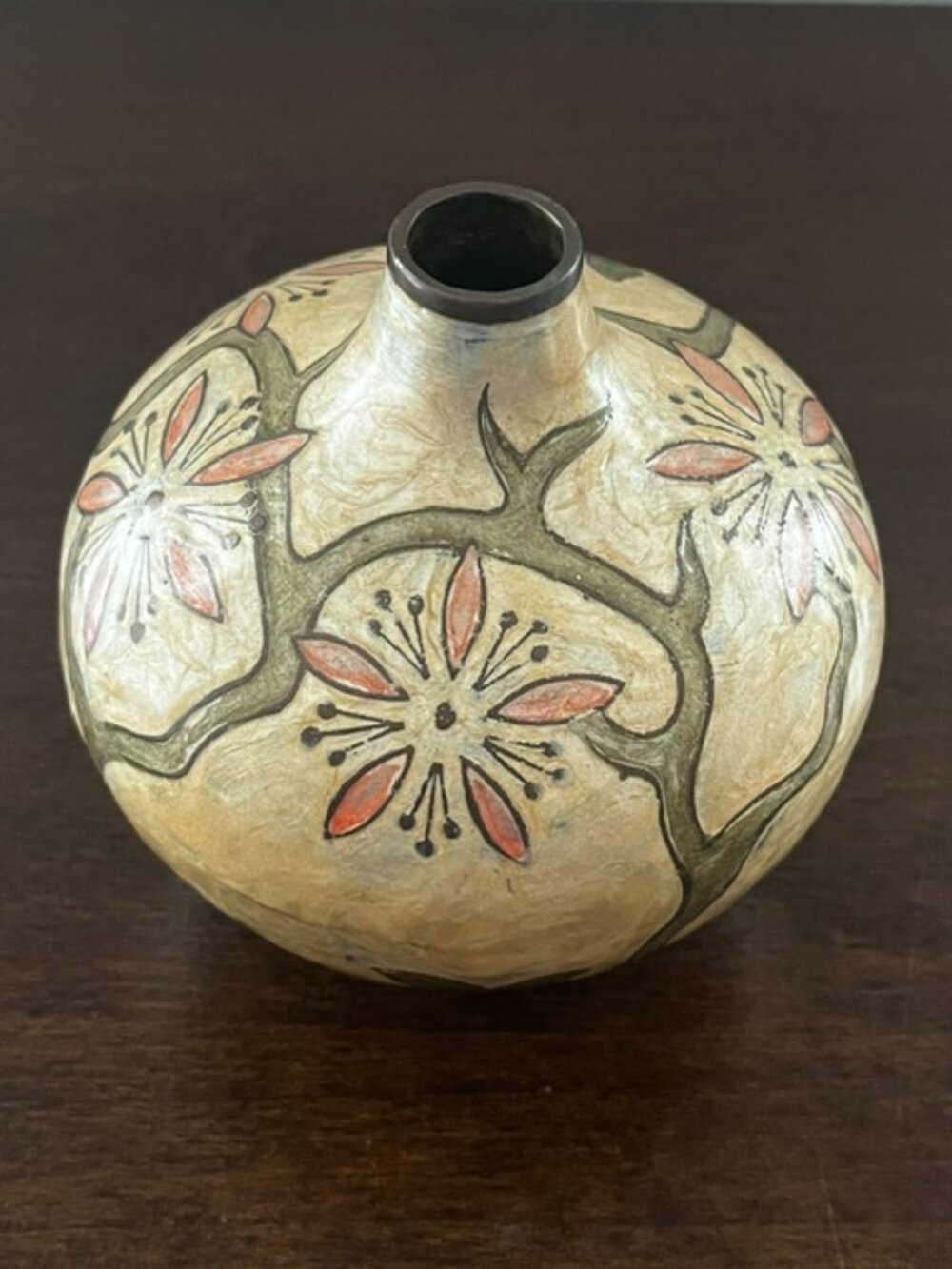 Brass Vase Enamel Overlay Floral Vine Design Metal Pink Green - Picture 3 of 6